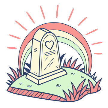 A cute cartoon grave marker with a heart and rainbow, surrounded by grass and sun rays, representing love, hope, and remembrance.