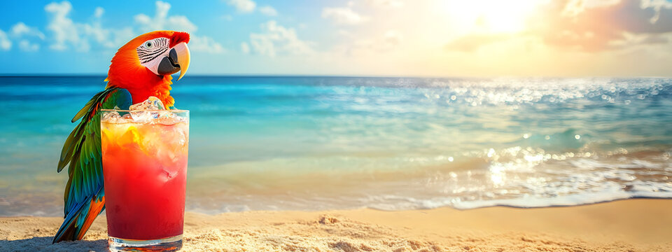 Tropical parrot near a cocktail on the beach with the ocean and sunny sky in the background