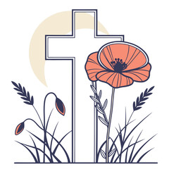 Poppy flower with wheat and cross in front of moon on white background.