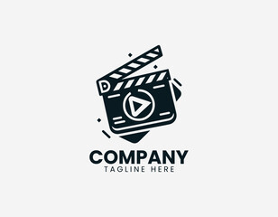 Fototapeta premium Clapperboard with play button is illustrated in clean modern black vector logo style on white background