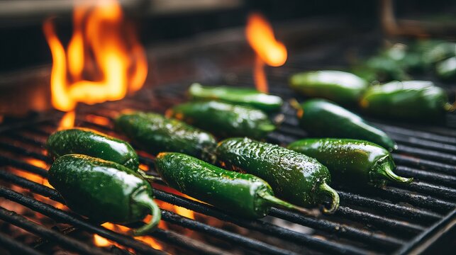 Green jalapeno peppers being grilled over open flames on a barbecue