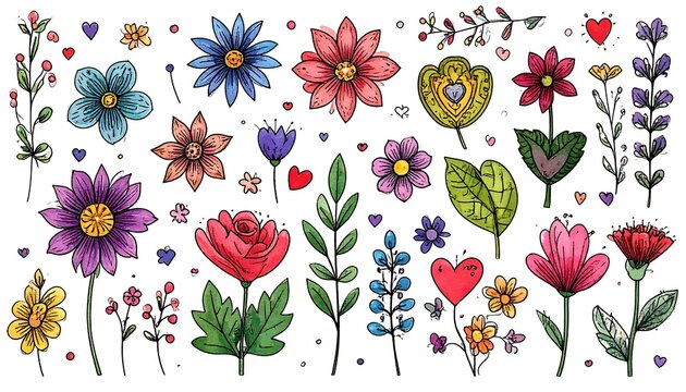 A vibrant collection of colorful flowers and hearts on white background
