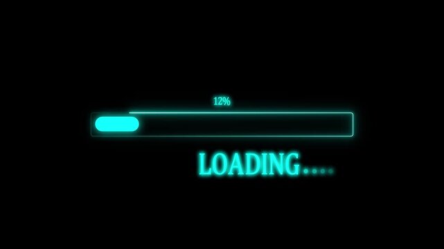 Digital loading progress bar with neon blue glow on black background representing software installation data transfer or web page buffering process