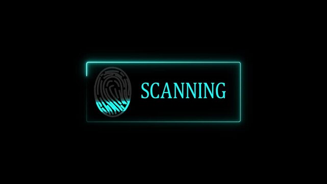 Fingerprint security scanning interface box with glowing neon blue lines for biometric identification and digital authentication system technology