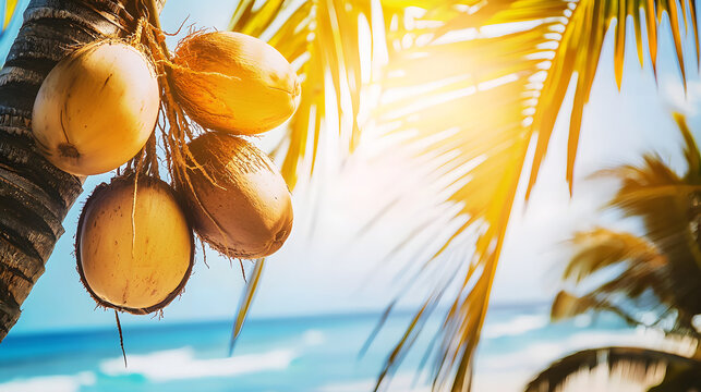 Juicy ripe coconuts grow on a palm tree against the backdrop of the ocean and sunny sky