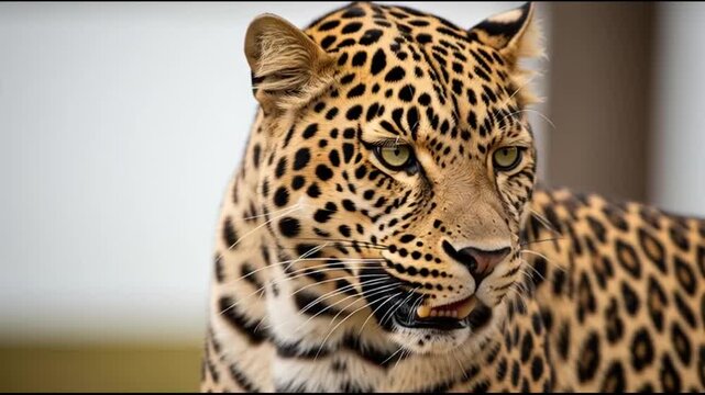Close-up portrait of a majestic leopard with intense green eyes, looking directly at the camera.