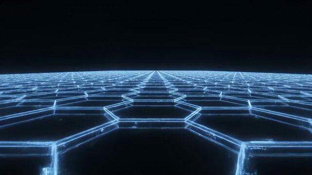 Glowing blue hexagonal grid pattern in futuristic dark digital space