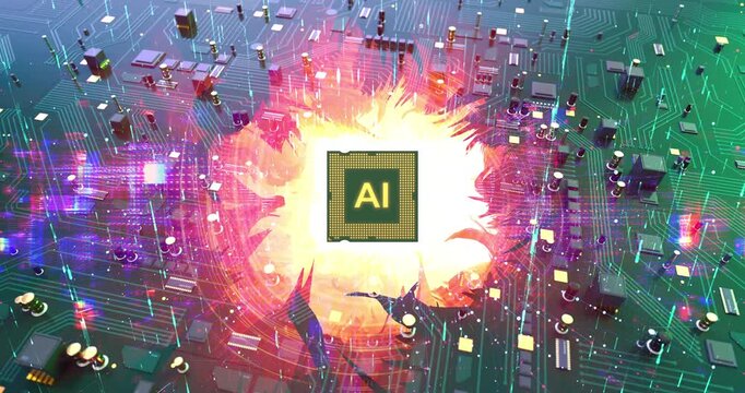Futuristic electronic background featuring AI microchip. AI Technology Related 3D Computer Animation.