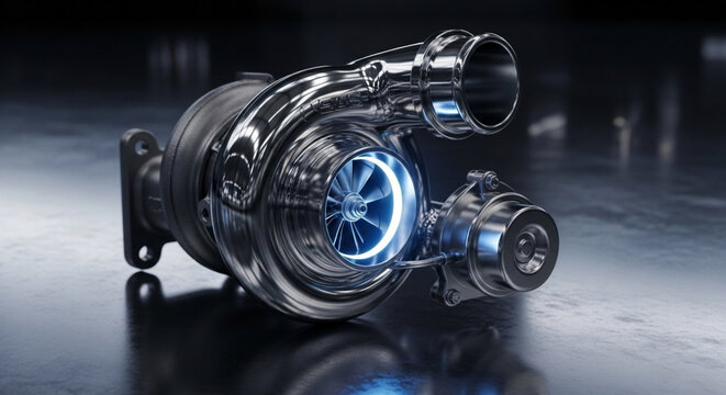 Futuristic Automotive Turbocharger with Blue Exhaust Flames