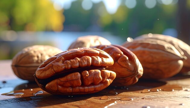 Shelled and unshelled walnuts sit on a wet wood surface with blurred green-blue background