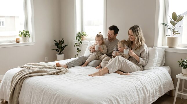 A family of three sits on a bed in a bright, beige-colored bedroom with plants, enjoying a cozy morning together.