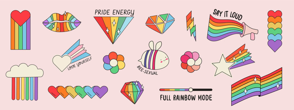 Retro LGBTQ pride stickers with inclusive rainbow slogans. Hand-drawn queer icons, bisexual and lesbian elements, transgender flag and pride month symbols for stationery or social media design. Vector