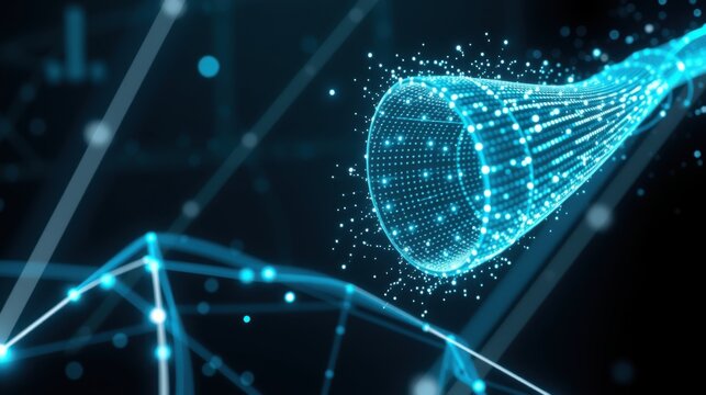 Bright blue network connections, data streams. Futuristic digital technology concept, glowing lines, dark background.