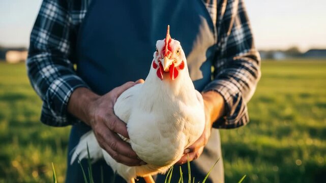 Farmer gently holds a white chicken in hands, showcasing care and connection in a sunlit grassy field during golden hour
