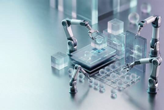 Robotic arms assembling futuristic technology components