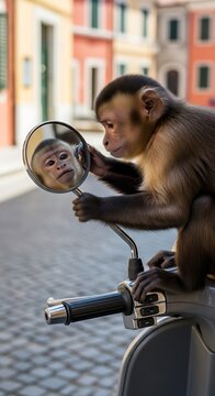 Monkeys Reflection - A Capuchins Curious Gaze in the Mirror.