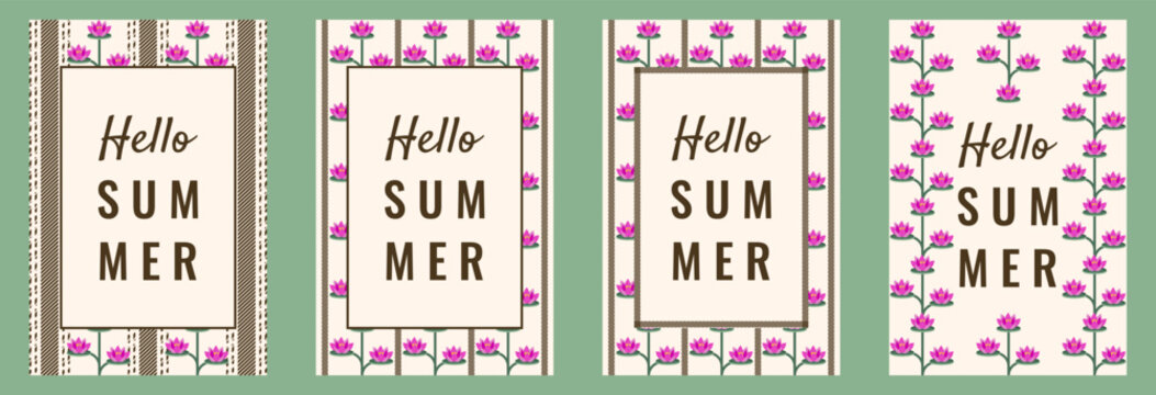 Summer poster set. Vector Dobby design with Summer lotus flowers and Hello Summer message. Perfect Dobby texture Summer card poster cover collection. EPS 10