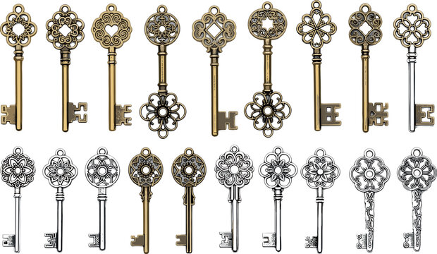 Vintage ornate key collection with antique golden and silver skeleton keys in decorative designs isolated vector illustration set