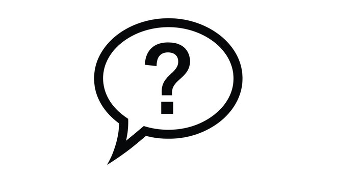 A simple black and white illustration of a question mark inside a speech bubble