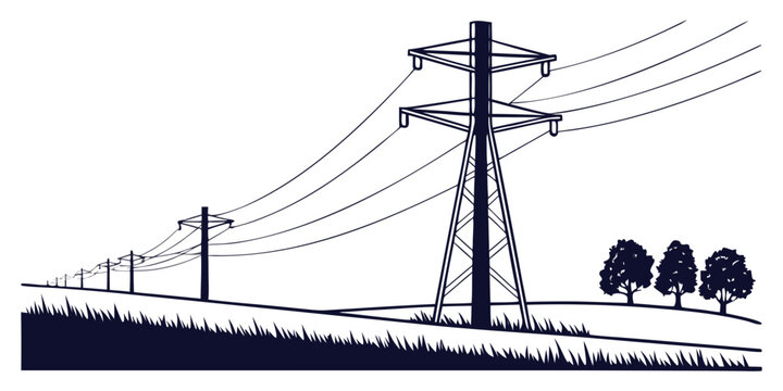 Silhouette landscape graphic featuring power pylons and trees electricity transmission infrastructure distribution landscape electric industrial engineering structure