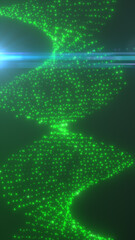 Fototapeta premium Green particle wave forming hourglass shape with light beam, futuristic data network visualization background
