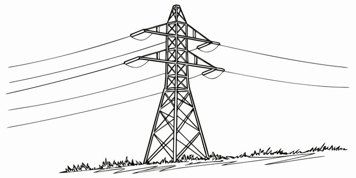 Black and white line art of electricity pylon with electricity transmission infrastructure electrical structure industrial distribution engineering illustration isolated