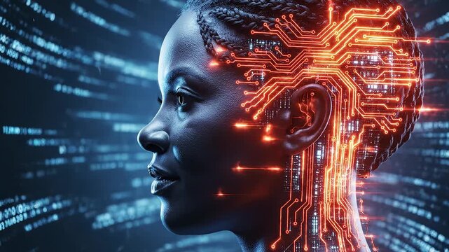 AI woman with glowing circuit design for commercial backgrounds, digital design, and advertising
