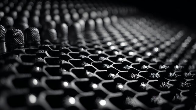 A large soundboard with many faders and knobs in a professional recording studio setup