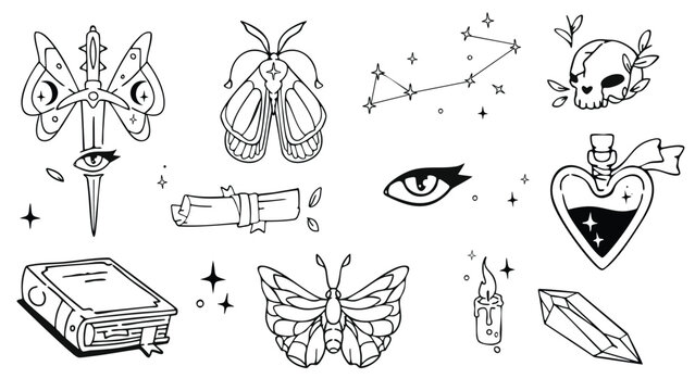 Set of mystic boho designs for tattoo or tarot cards. Vector illustration of celestial moth and eye, dagger with butterfly wings, love potion in heart bottle, crescent moon, sacred crystal icon