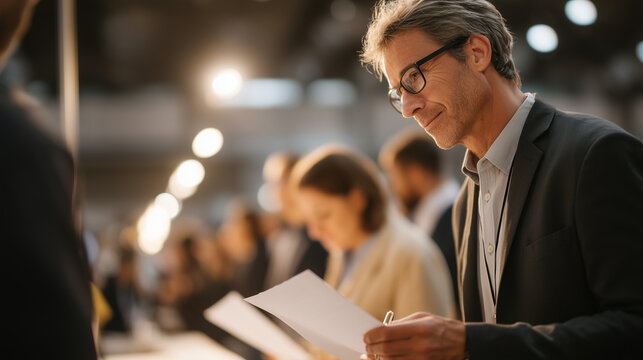 Veterans in suits and casual clothes clustered around skills-assessment booth at indoor job fair, one veteran gesturing at printed certificate, recruiter taking notes, bright exhibition lighting abo