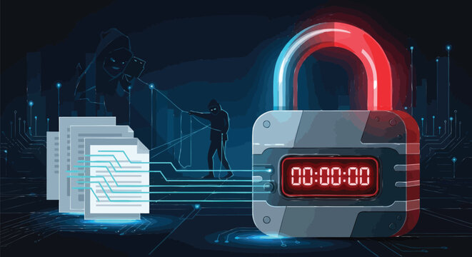 Critical Data Security Illustration Digital padlock with a countdown timer protecting sensitive documents from lurking cyber threats and breaches