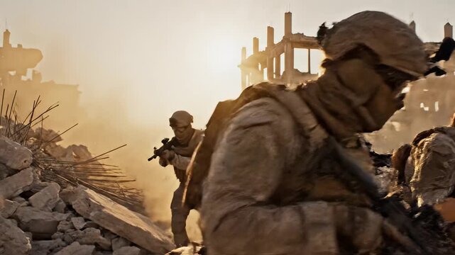 Soldiers in combat gear advancing through rubble for commercial advertising, marketing campaigns, and creative projects