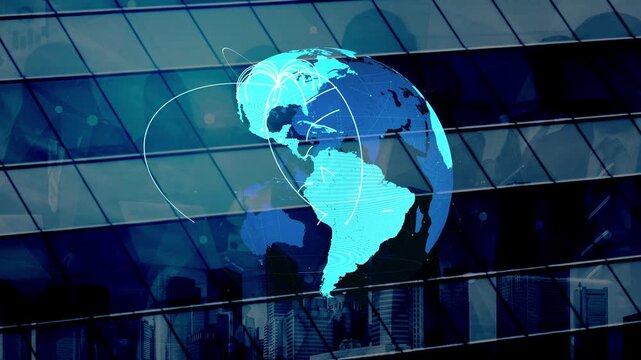 Global network connection visualization showing data exchange, digital link, worldwide communication. Global data flow and digital network infrastructure connecting regions around the world. Thunk