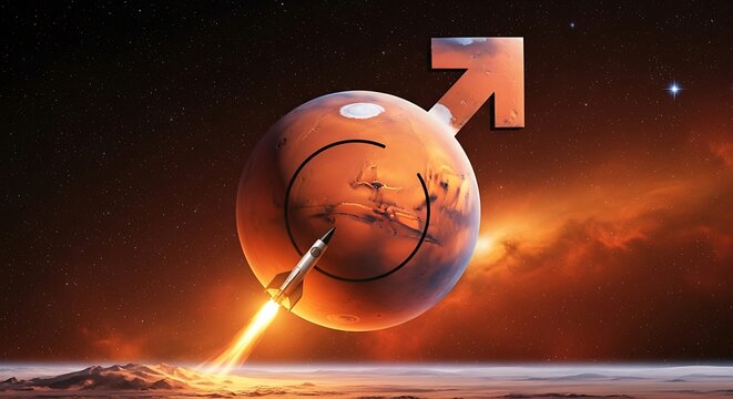 Mars colonization - A rocket launching from the red planet.