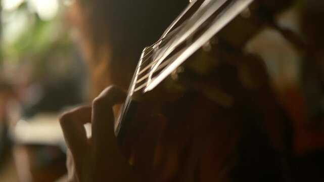 This artistic, dreamy composition beautifully captures the essence of musical craftsmanship, perfect for music, instrument, artistic, cinematic  projects. Classical guitar fretboard 