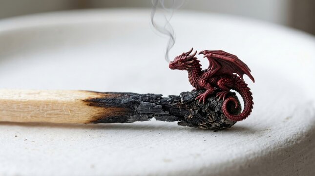 A small dark red dragon with wings perches on the burnt black tip of a matchstick, with thin smoke rising from its nostrils on white surface.
