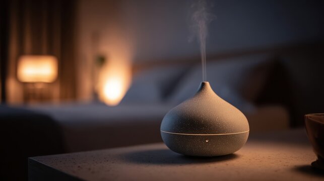 Small ceramic essential oil diffuser releasing fragrant mist in a softly lit bedroom