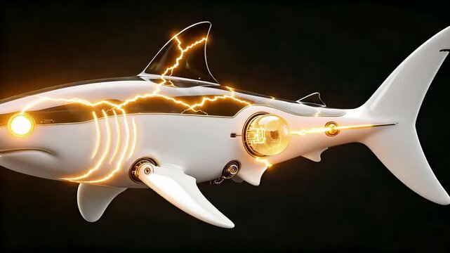 3D Mechanical Shark Sculpture - White Porcelain & Obsidian Armor - Imperial Jade Joint Nodes - Futuristic Sea Exploration Video - Isolated on Black Void