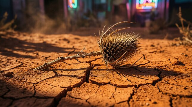 Dry Spiky Thistle on Cracked Mud with Distant Neon Background