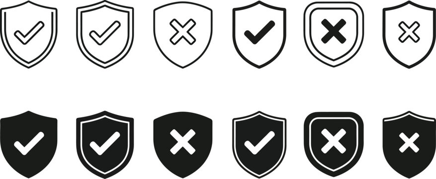 Shield icons set security protection validation and error symbols for ui design