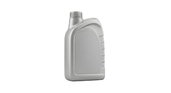 A plain gray plastic bottle with a screw cap, typically used for motor oil or other automotive fluids, isolated on a clean white background.
