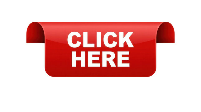 A glossy red ribbon banner displays the words CLICK HERE prominently isolated on transparent background