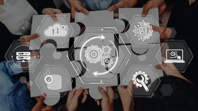 Hands Collaborating on Digital Solutions with Icons Representing Technology, Data Processing, Artificial Intelligence, and Cloud Computing Concepts Sigmoid