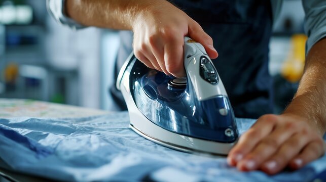 Man smoothing blue polo shirt with steam in modern laundry setting