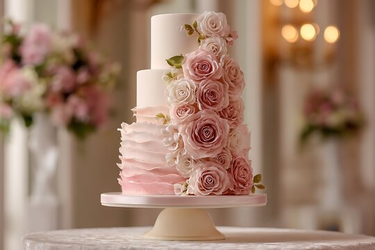 A romantic blush pink wedding cake with ombre frosting and sugar rose cascades, elegant and soft 