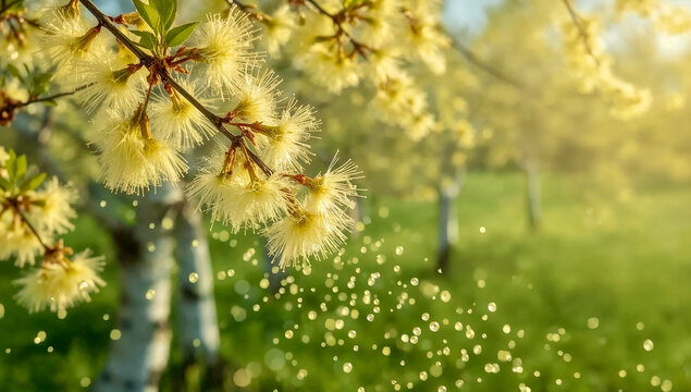 Blooming Syzygium jambos flowers with falling pollen on soft green natural background