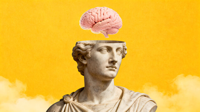 Surreal collage of a classical bust with a floating brain on a yellow background
