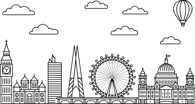 Minimalist London skyline line art illustration featuring Big Ben London Eye Gherkin and Parliament with balloon and clouds