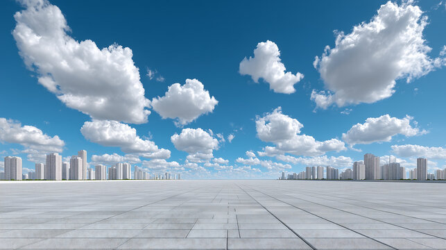 Bright Blue Sky with Fluffy White Clouds over a Cityscape