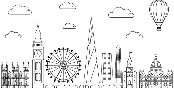 Minimalist London skyline line art illustration featuring Big Ben London Eye Gherkin and Parliament with balloon and clouds